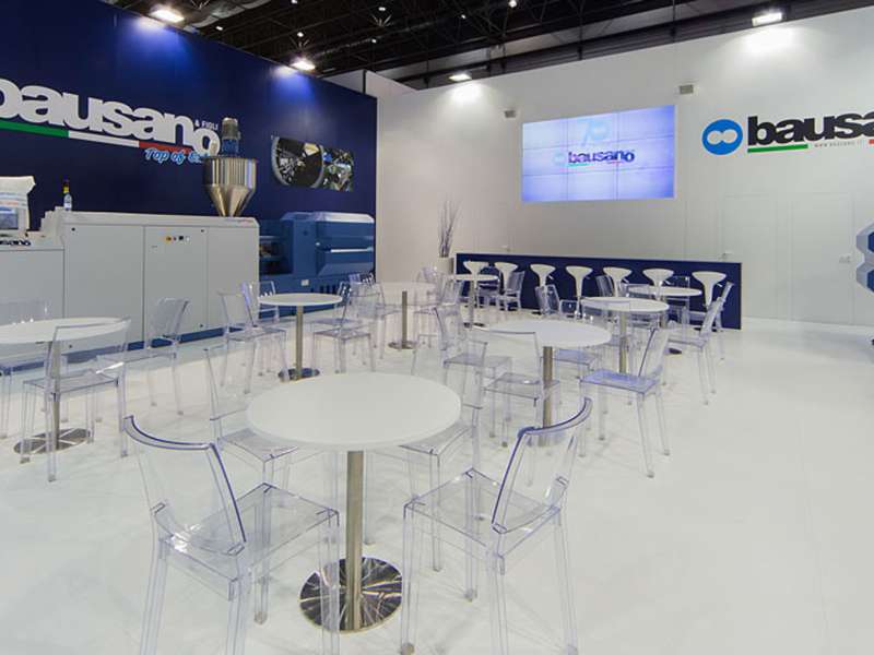 exhibitors' furniture and customized tables, fairs abroad, videowall and interactive totem, customized settings, customized exhibition stands