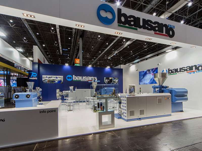 exhibitors' furniture and customized tables, fairs abroad, videowall and interactive totem, customized settings, customized exhibition stands