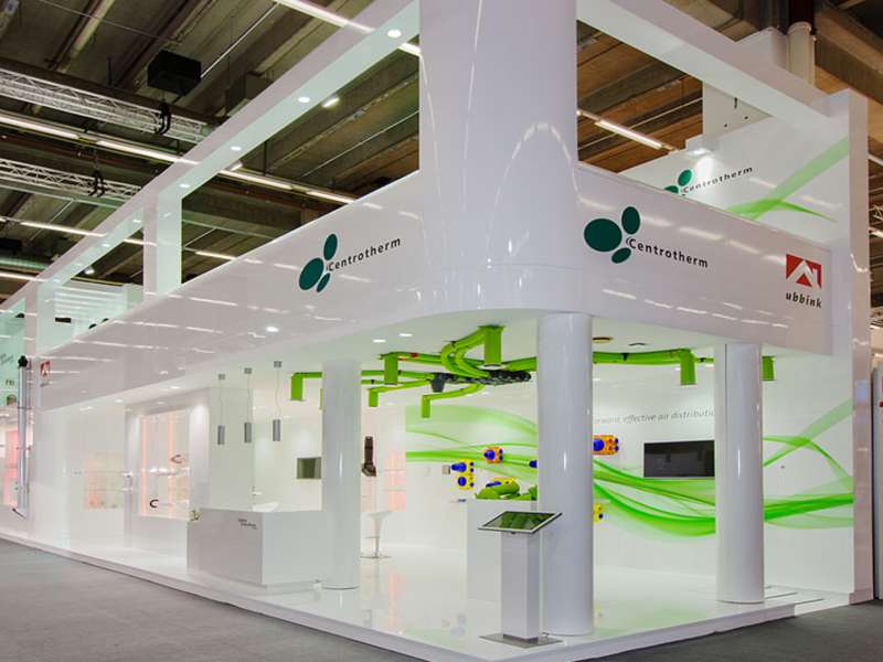 videowall and interactive totem, fair exhibitors, audio video system, two-levels booth, fairs set-up