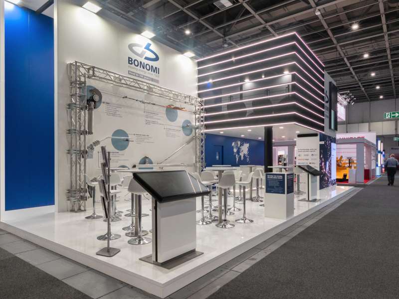 fairs abroad, stand with mezzanine, two-levels booth, ledwall, exhibition set-up